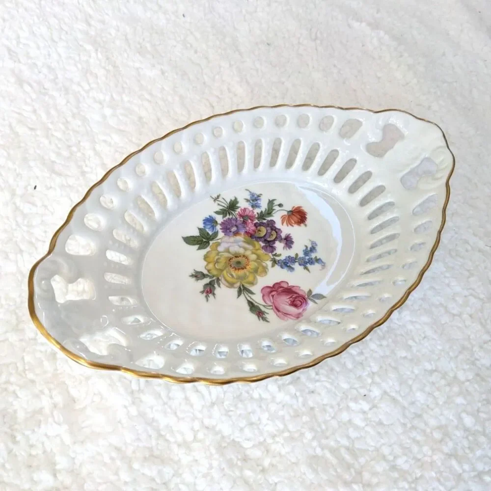 Vintage Bavarian Gerold Porcelain Openwork Floral Serving Dish Fruit Bowl